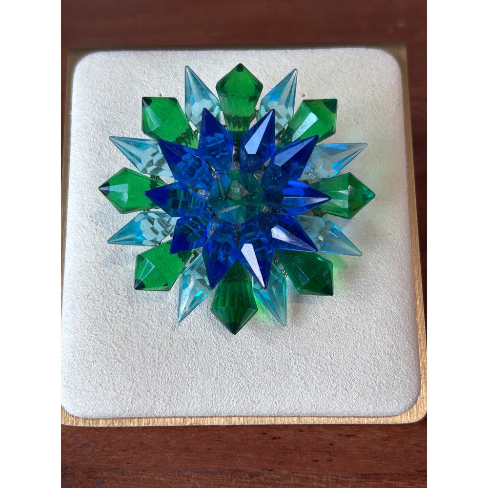 Vintage Austria Starburst Brooch Blue Green Acrylic Lucite Filigree Pin